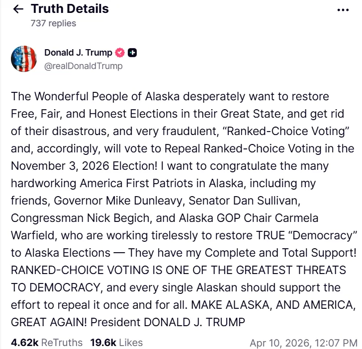 Trump Addresses Alaskans in Post Condemning Ranked-Choice Voting
