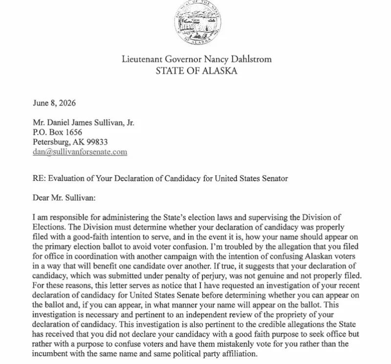 Alaska Lt. Governor Investigates Validity of Petersburg Dan's Filing for U.S. Senate Against Incumbent Dan Sullivan