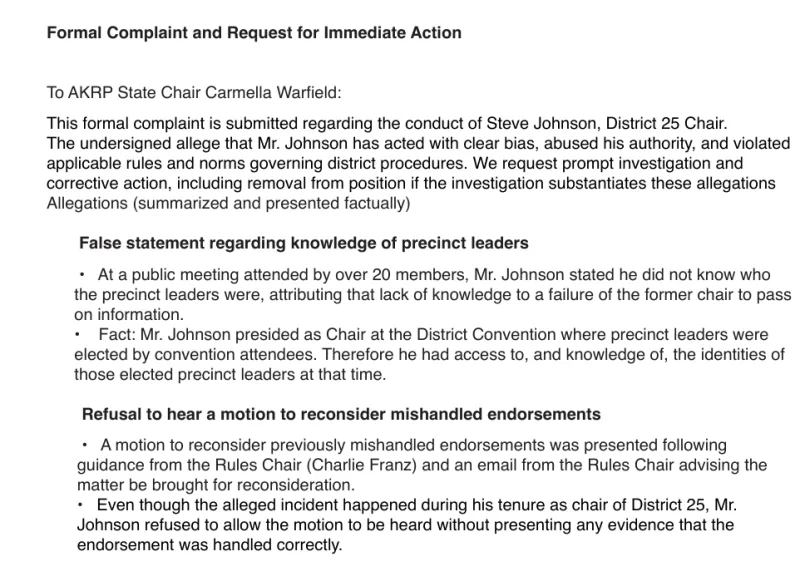 10 Republicans File Formal Complaint Against ARP District 25 Chair Steve Johnson