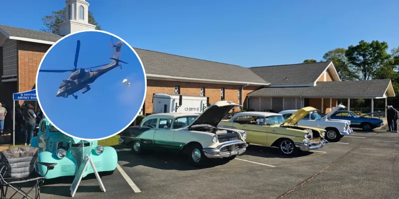 Apache helicopter landing sends debris flying across Alabama classic car show