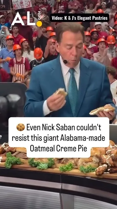Nick Saban couldn't resist this Alabama Oatmeal Creme Pie #nicksaban #sweettooth #alabama #gameday (Video)