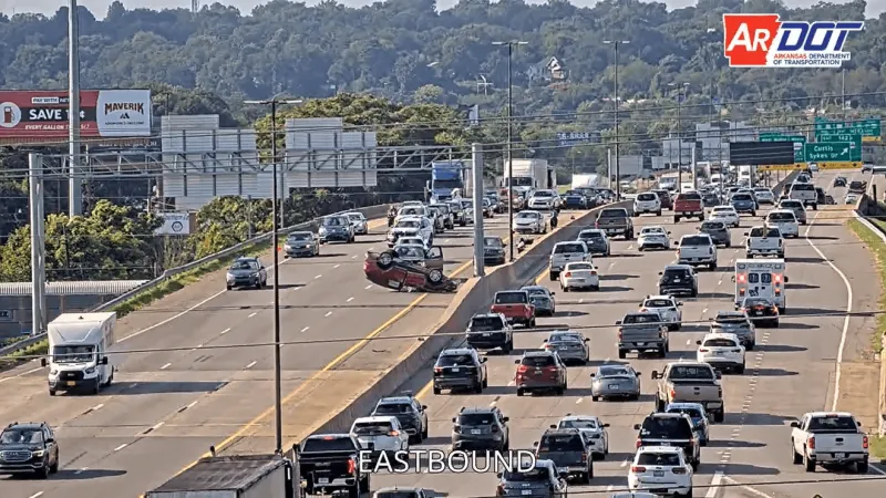 Overturned vehicle causing traffic backup in I-30 westbound lane near Bishop Lindsey Ave.