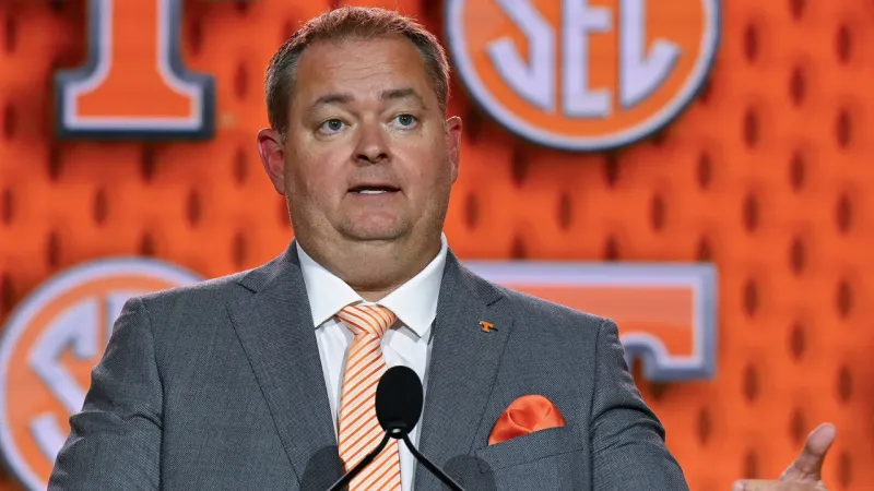 Tennessee coach Josh Heupel with the electronic media at SEC Media Days