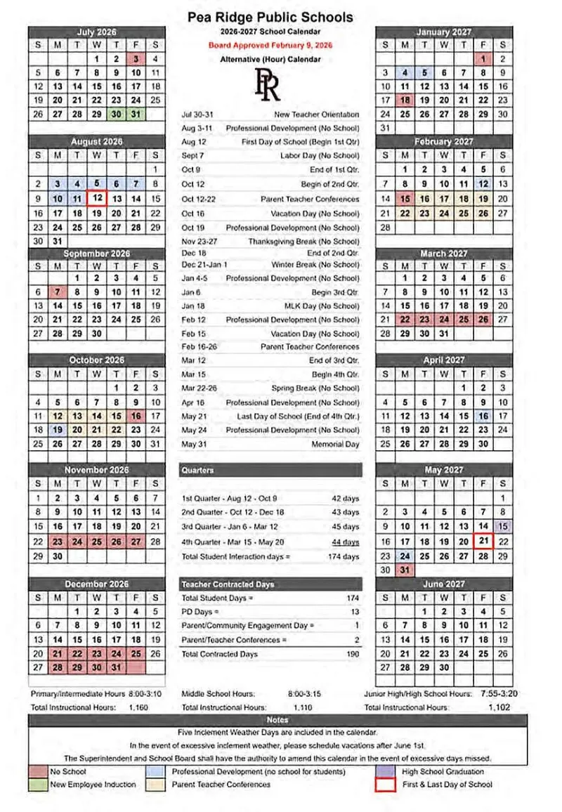 Pea Ridge School District calendar