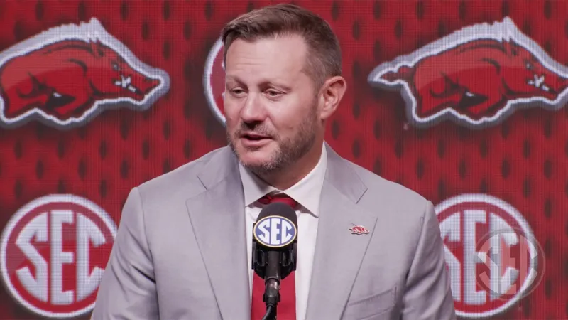 Razorbacks coach Ryan Silverfield with Electronic Media at SEC Media Days