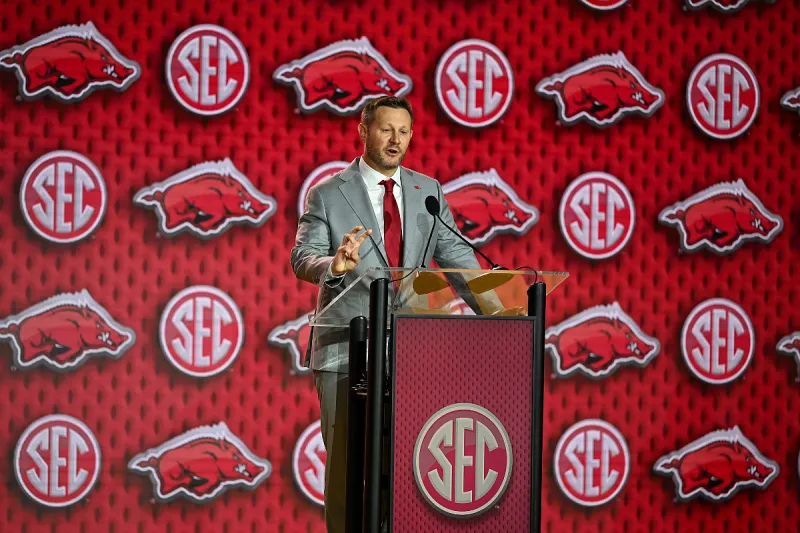 Ryan Silverfield answers questions about his 'aura' at first SEC Media Days as Arkansas football coach