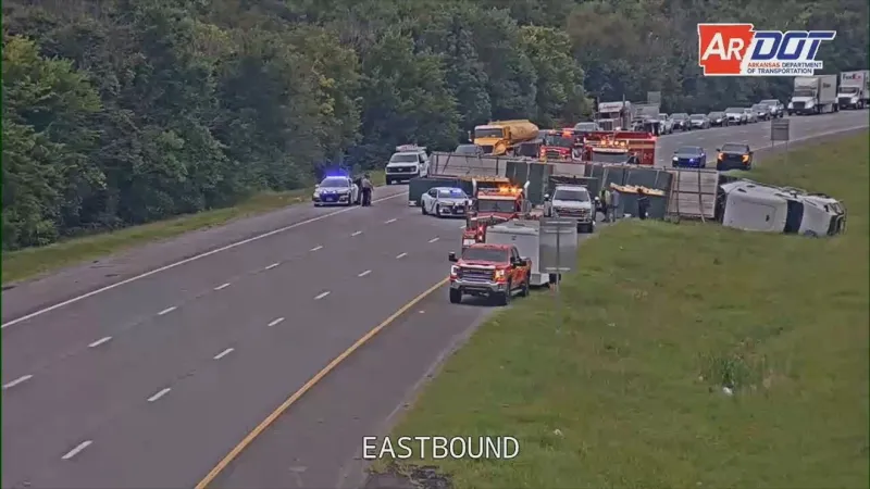 Overturned semi blocks I-30 westbound lanes, injury reported