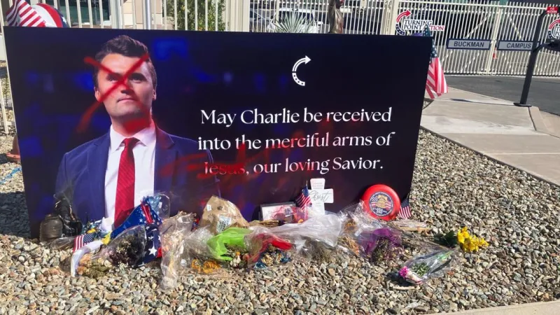 Charlie Kirk statue at Turning Point's Arizona headquarters defaced