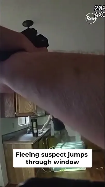 Fleeing suspect jumps out window (Video)