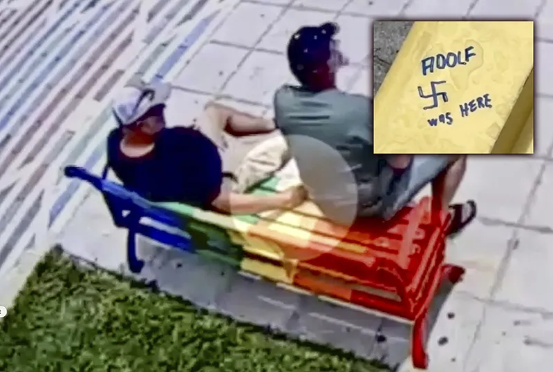 Two Men Charged With Vandalizing Rainbow Bench With Swastika