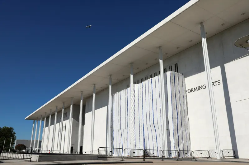 PHOTOS: What's under the tarp? Kennedy Center facade covered after Trump's name removed