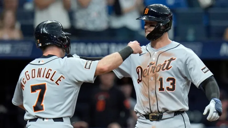Tigers hit 5 home runs and hold off Rays 10-9 to halt skid behind Dingler, Carpenter and Greene