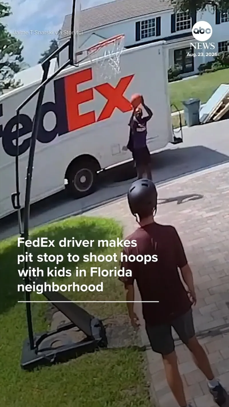 FedEx driver makes pit stop to shoot hoops with kids in Florida driveway