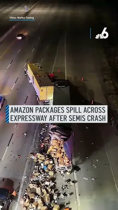 Amazon packages spill across expressway after semis crash (Video)