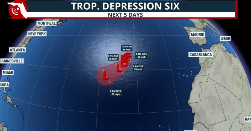 Tropical Depression Six develops in the Atlantic