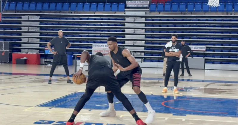 Bam Adebayo and Giannis Antetokounmpo go one-on-one during first day of Miami Heat training camp