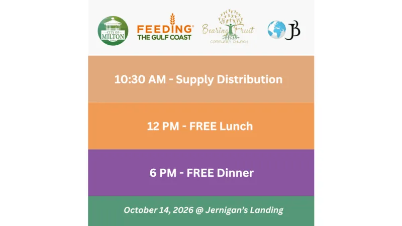 Free meals and supply distribution at Jernigan's Landing in Milton