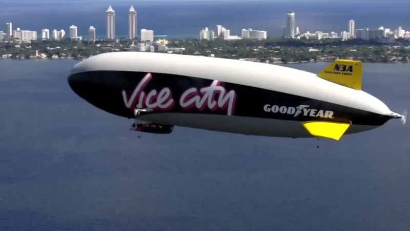 Blimp branded in Grand Theft Auto colors travels through South Florida ahead of video game release