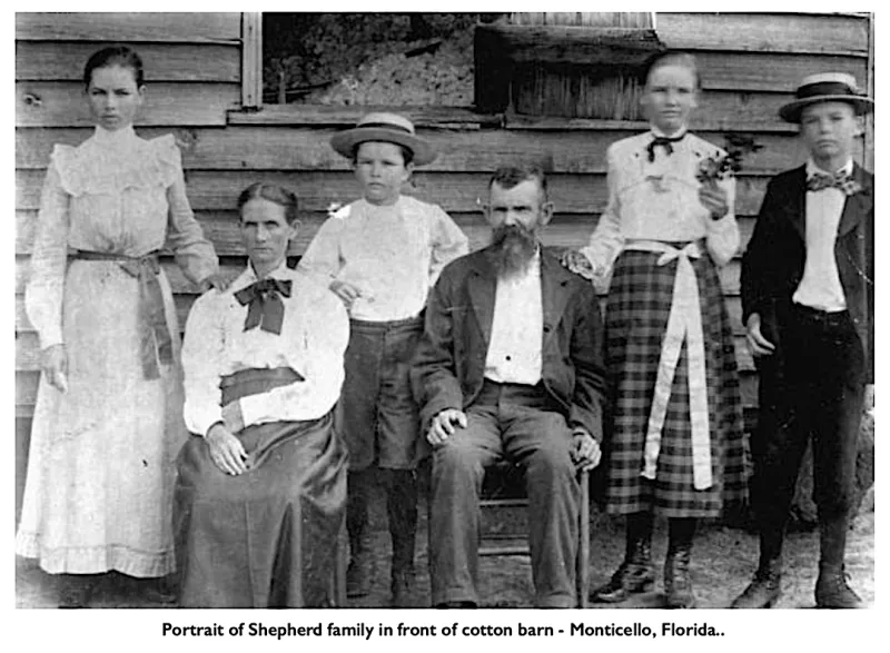 Picture from the past: Portrait of Shepherd family in front of cotton barn, Monticello, Fla.