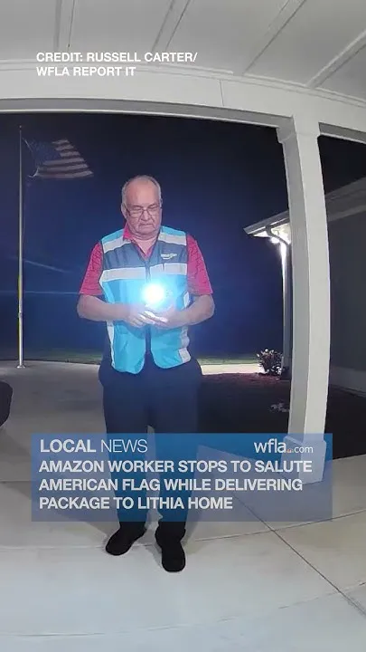 Amazon worker stops to salute American flag while delivering package to Lithia home (Video)