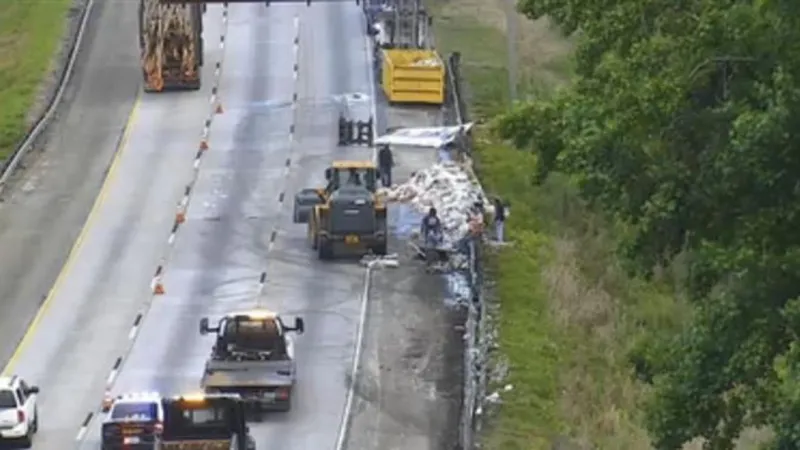 Semi-truck carrying glass overturns on I-75 in Monroe County, closing two right lanes