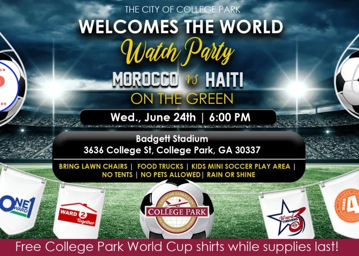 College Park hosts a soccer watch party at Badgett Stadium on June 24th (Morocco vs. Hait)