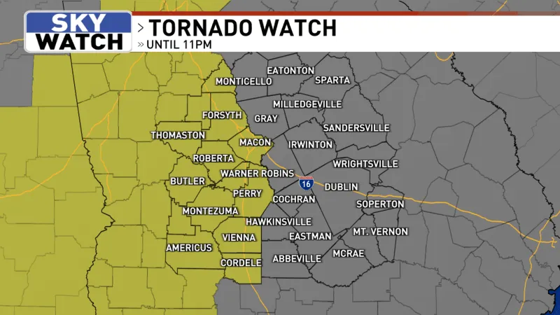 Tornado Watch issued for much of Middle Georgia until 11PM