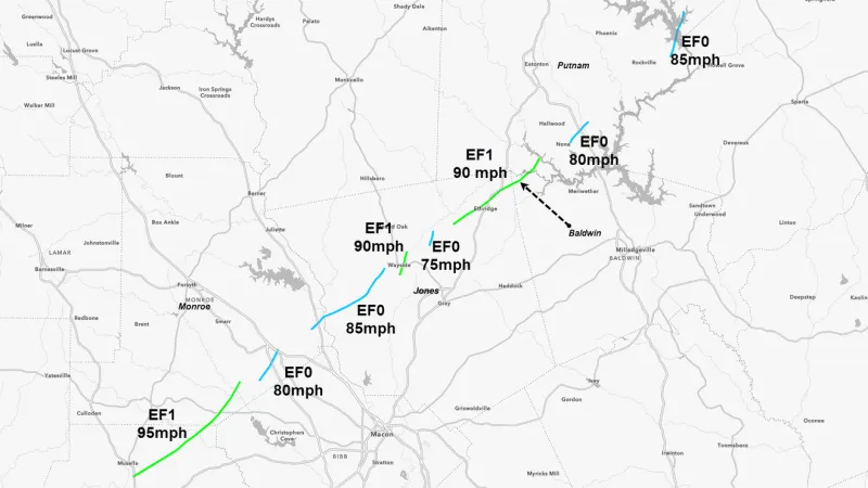 Ten Tornadoes Confirmed in Middle Georgia from Remnants of Tropical Storm Arthur