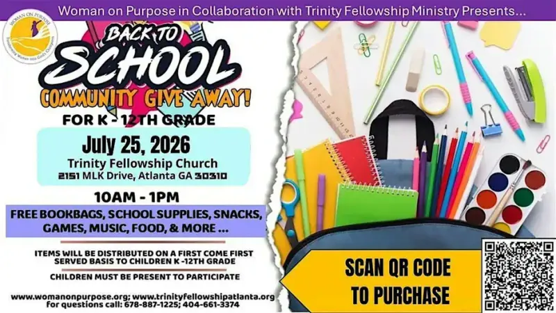 FREE Back-to-School Community Giveaway on Saturday, July 25th at Trinity Fellowship Church in Atlanta