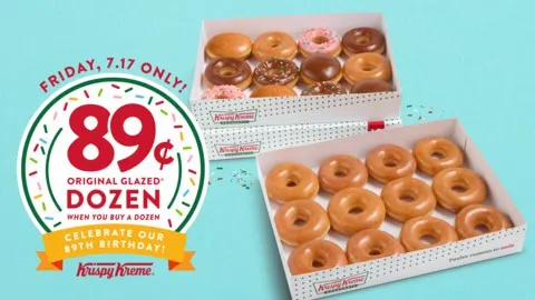 Krispy Kreme celebrates its 89th birthday with 89 dozens (with another purchase) this Friday, July 17th