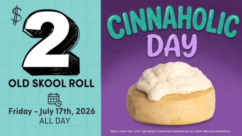 Cinnaholic Day: Get an Old Skool Roll for just $2 on Friday, July 17th