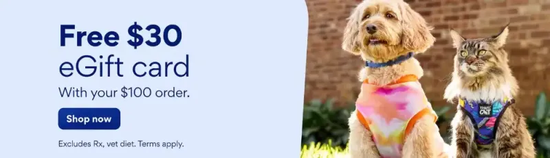 Chewy: Get a FREE $30 eGift Card when you spend $100, plus free shipping