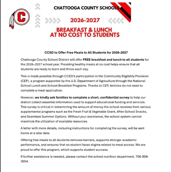 Chattooga County Schools to Offer Free Breakfast and Lunch to All Students in 2026--2027