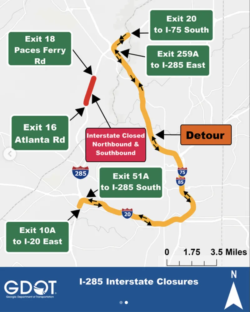Motorists urged to use I-75 and I-20 detour during I-285 full closure