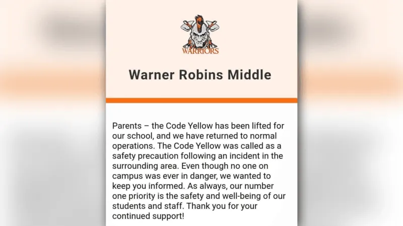 'Code Yellow' lockdown lifted at Warner Robins Middle after nearby domestic incident
