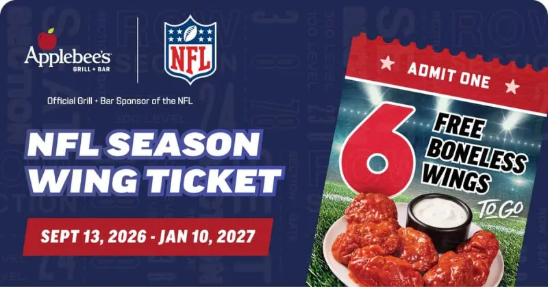 Applebees: Get FREE boneless wings (with purchase) every week during football season