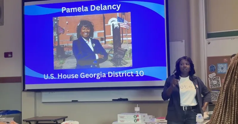 10th Congressional District candidate Pamela DeLancy speaks at UGA
