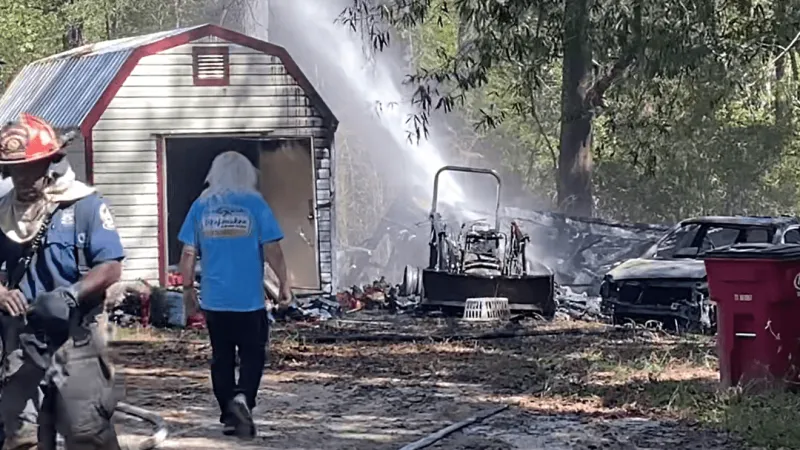 Accidental fire involves two sheds, tractor and vehicle; no injuries reported