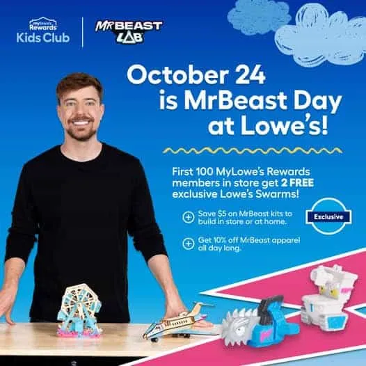 Lowe's hosts MrBeast Day with two free gifts for kids on October 24th