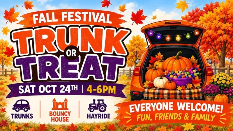 FREE Trunk-or-Treat Fall Festival with bounce house and hayride this Saturday