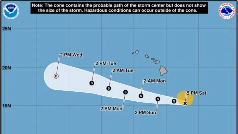 Tropical Storm Moke weakens slightly Saturday afternoon; however, little change in strength, forecast expected tonight