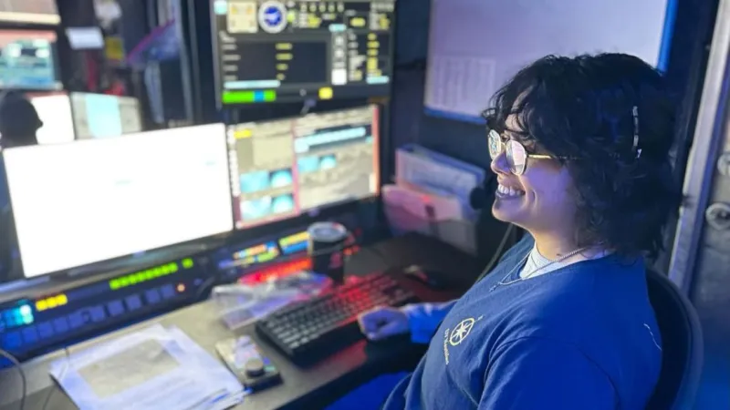 UH Hilo marine science major Mahealani Akui interns on research vessel mapping seafloor of Hawaiian archipelago