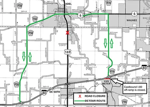 Closure of U.S. 169 at U.S. 6 in Adel Begins July 7
