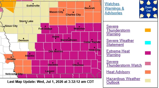 EXTREME HEAT WARNING & HEAT ADVISORIES IN EFFECT for the KJAN listening area (Issued 325 AM CDT Wed Jul 1 2026)