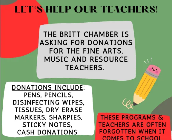 Britt Chamber Collects School Supplies for Fine Arts, Music Teachers Through Aug. 17