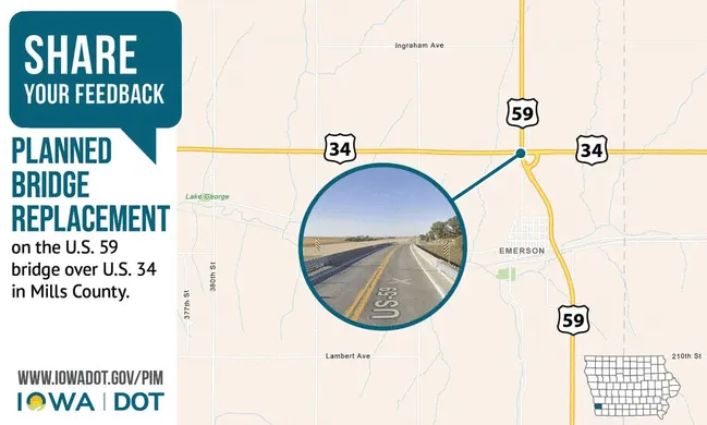 Iowa DOT asks for input on the planned bridge replacement on the U.S. 59 bridge over U.S. 34 in Mills County