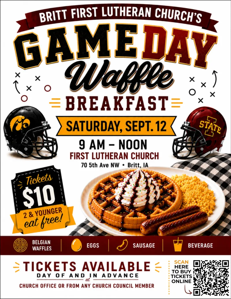 Britt church to host $10 Game Day Waffle Breakfast Sept. 12