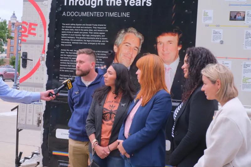 Photos: Epstein survivors speak in Cedar Rapids as bookmobile of released files tours Midwest