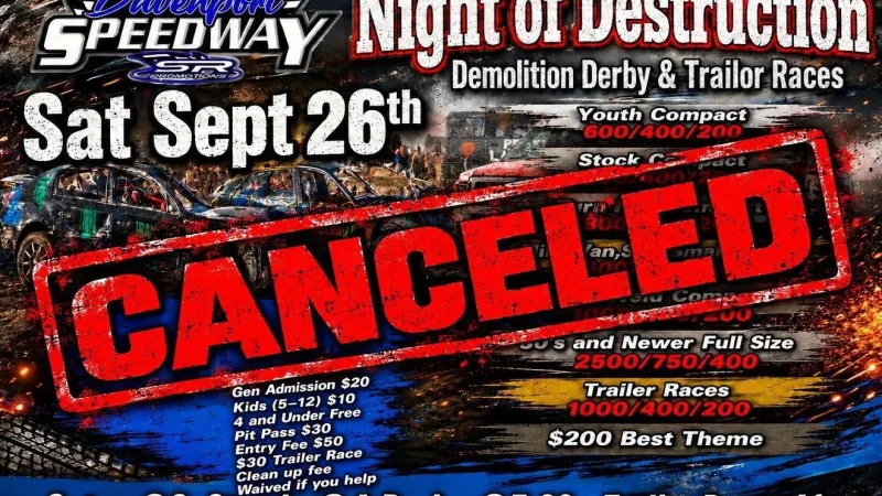 Rain cancels Night of Destruction at Davenport Speedway