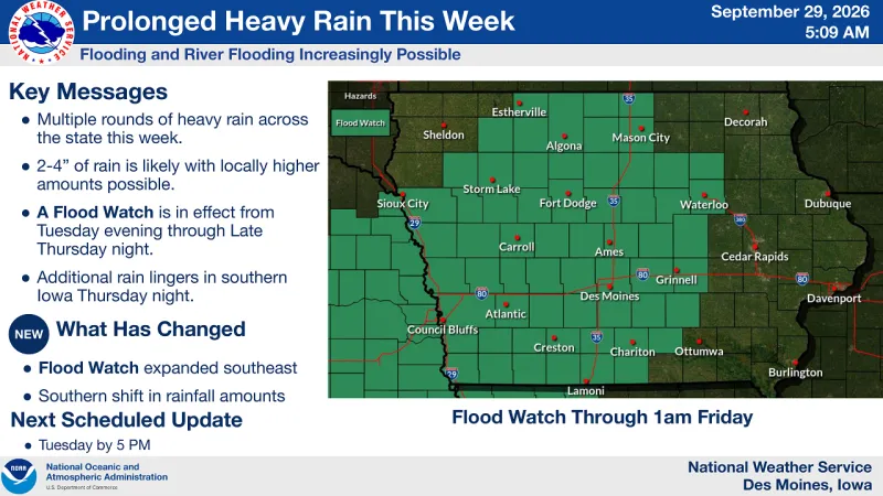 Flood Watch Issued for Mason City, North Iowa Through Friday as Heavy Rain Moves In